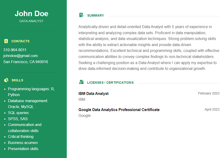Data Analyst Skills Example on Resume