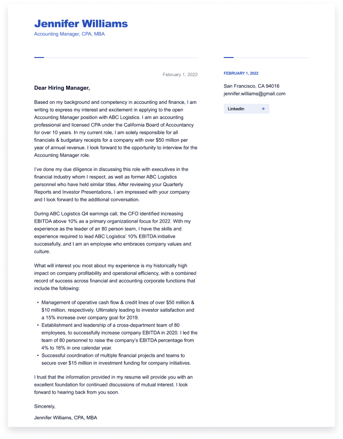 cover letter sample accounting manager