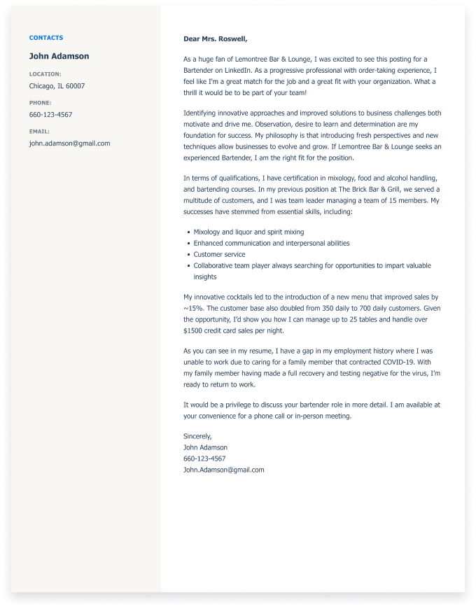 cover letter for resume bartender