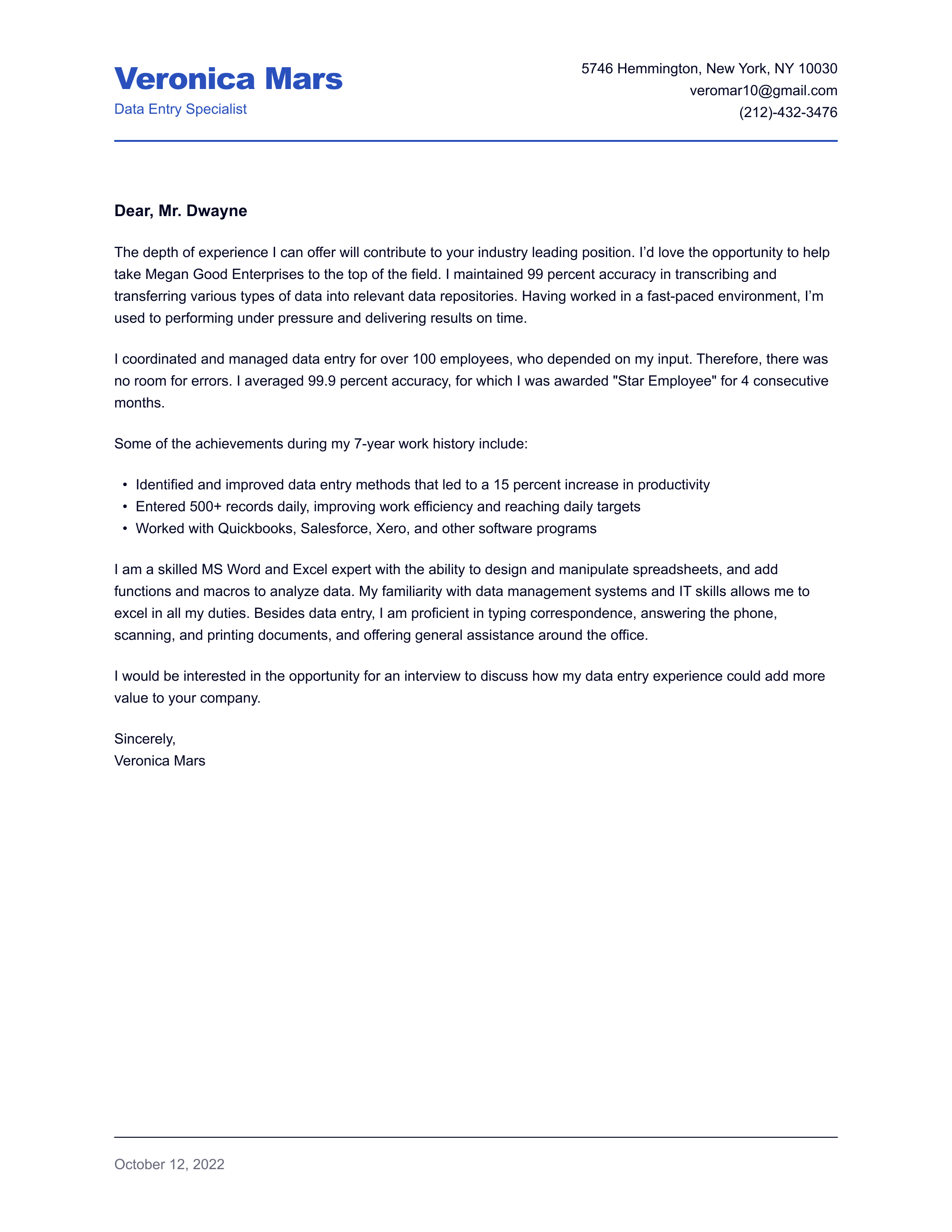 data entry cover letter template