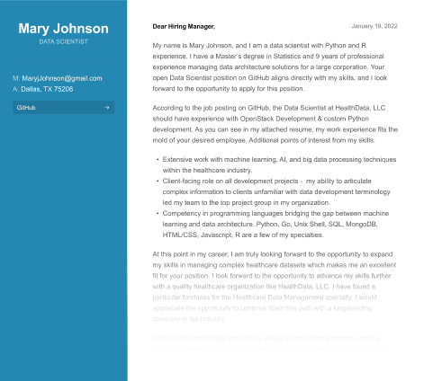 Sample Data Scientist Cover Letter and Advice from HR Pros