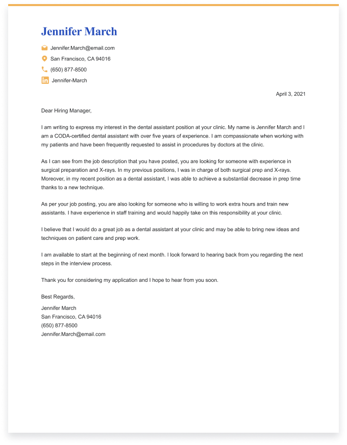 cover letter examples dental assistant