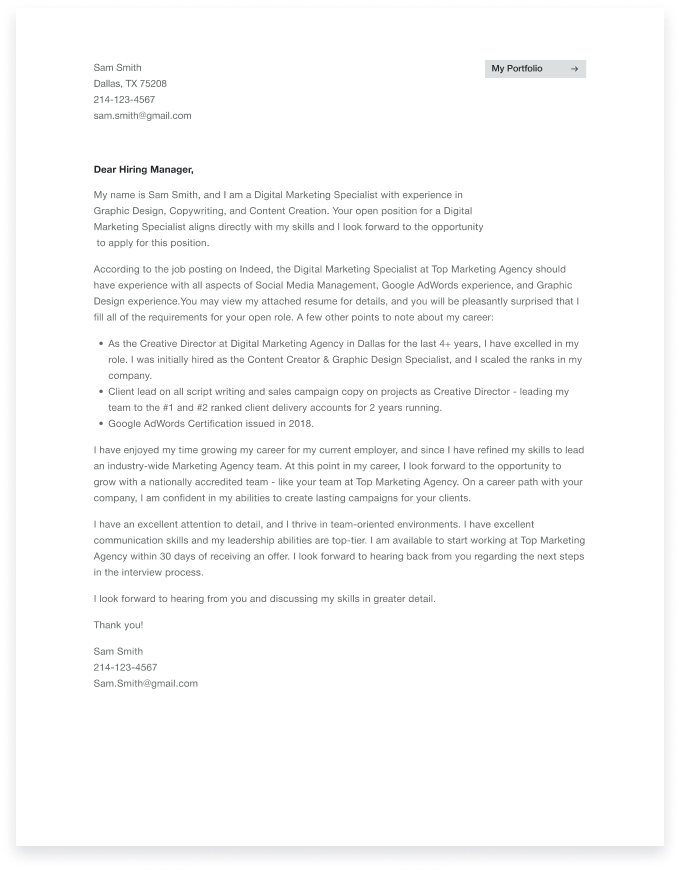 digital marketing specialist cover letter example