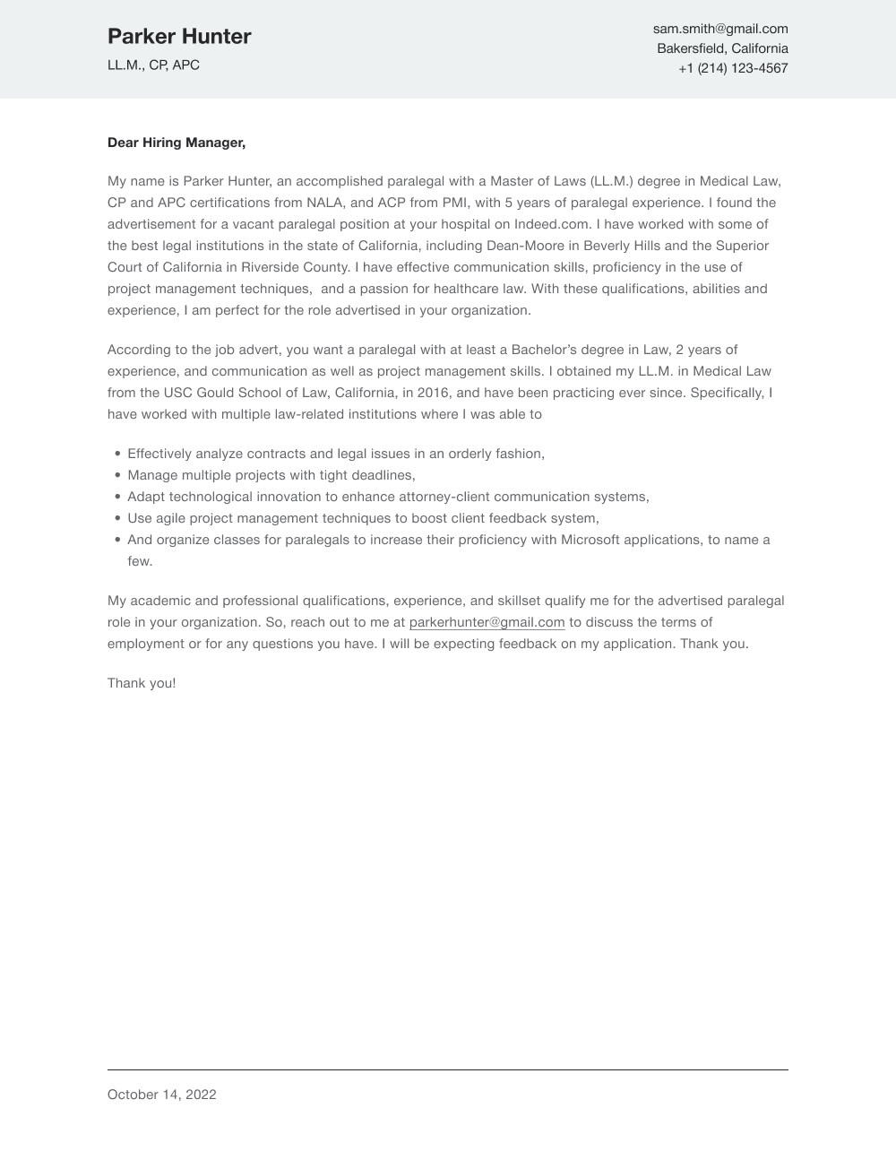 Paralegal Cover Letter