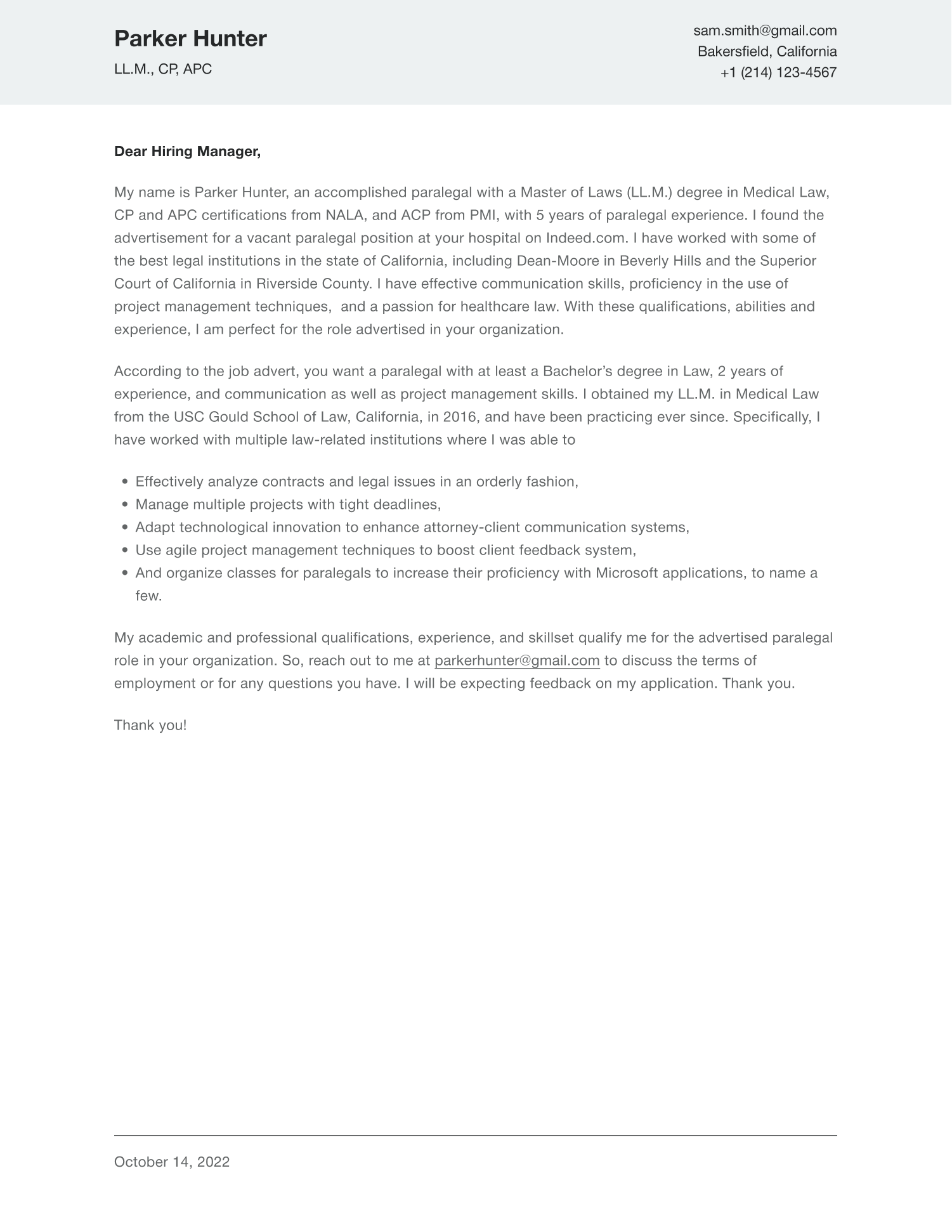 Paralegal Cover Letter