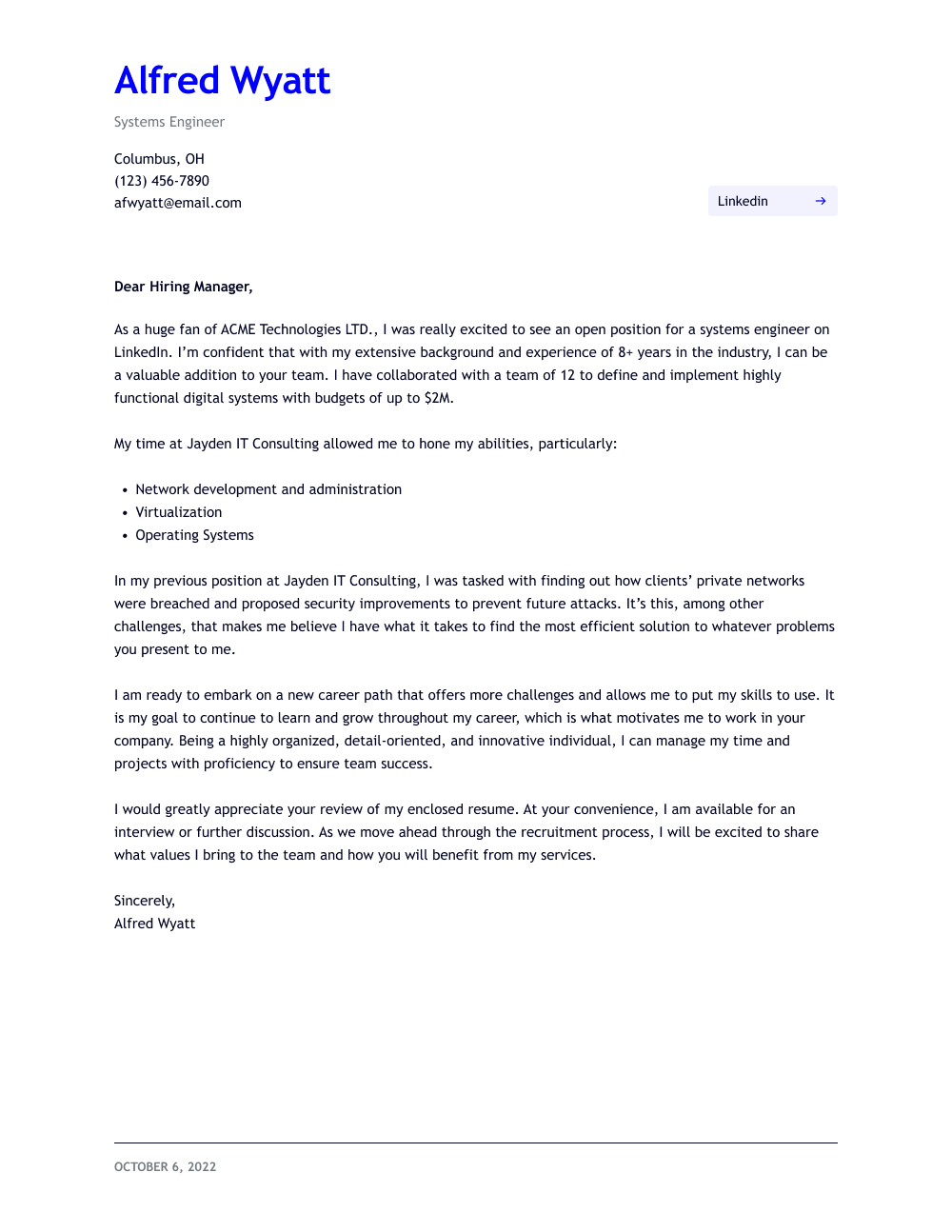 Systems Engineer Cover Letter