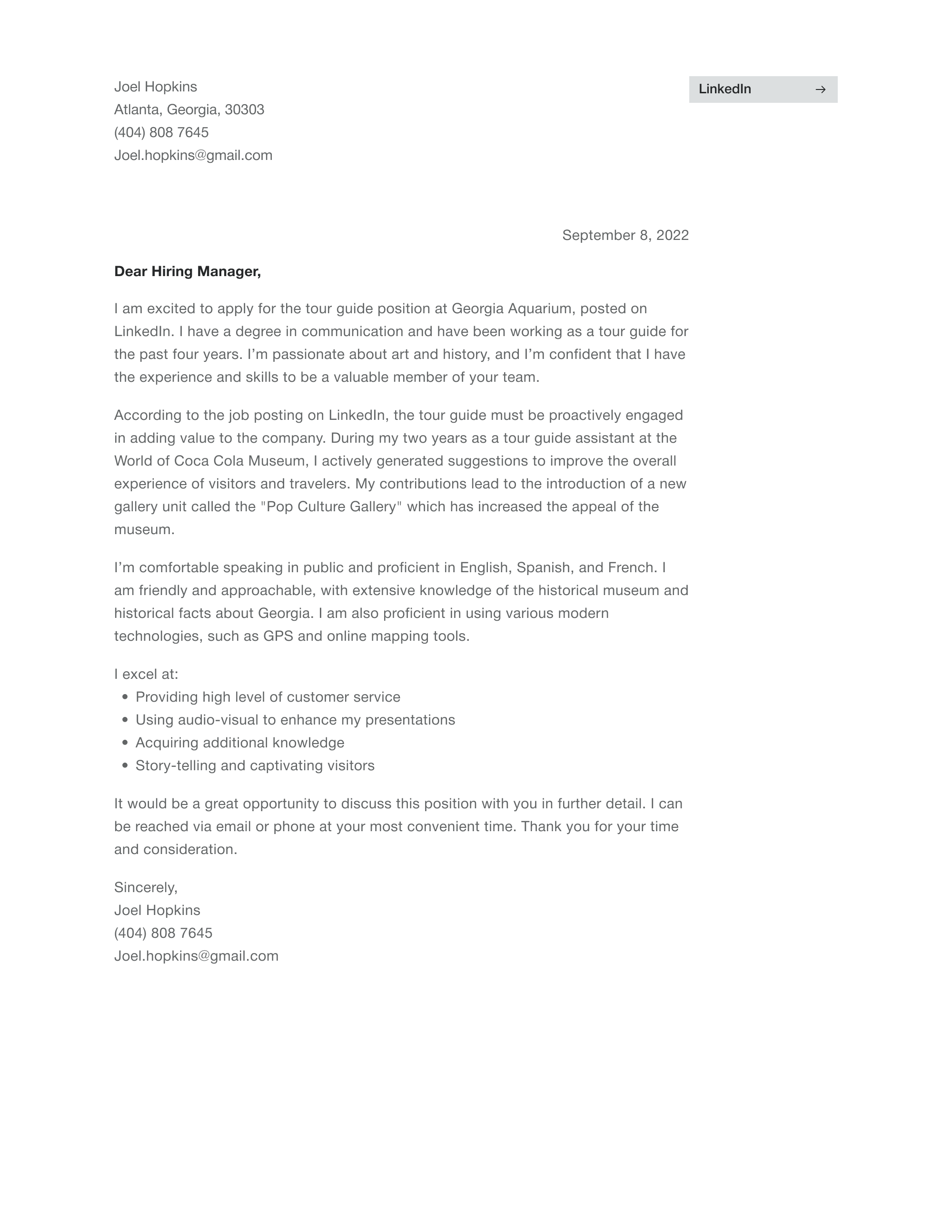 cover letter for tourist guide