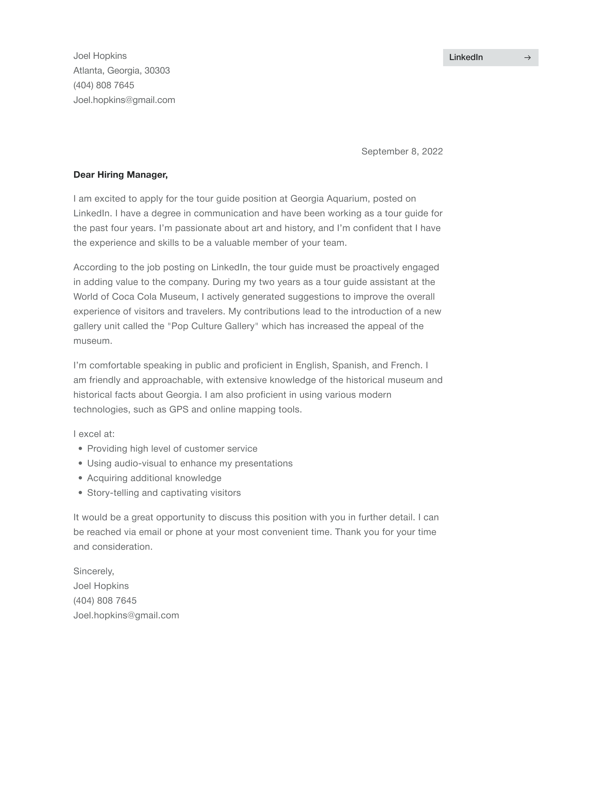 tour guide recommendation letter sample