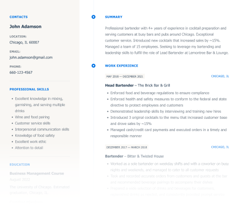 Bartender Resume Example and Guide