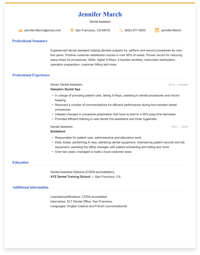 dental assistant resume examples with experience