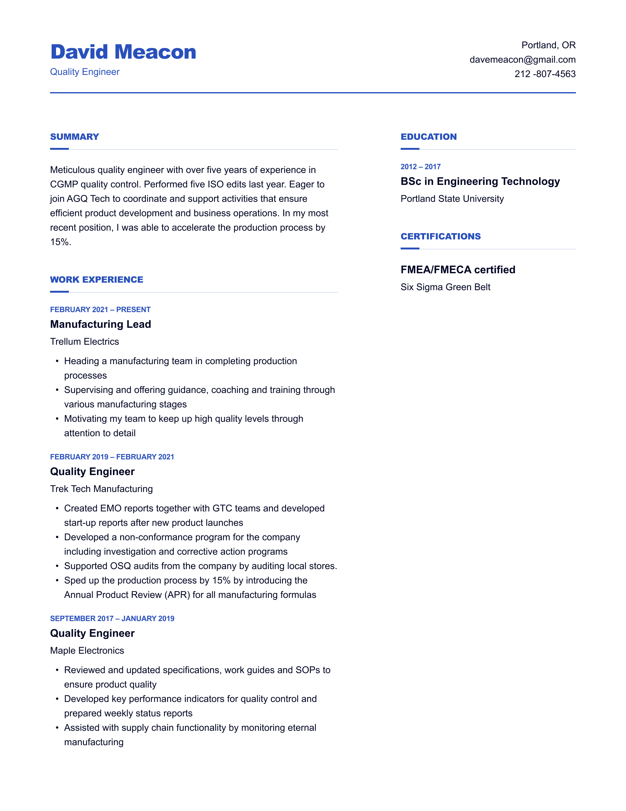 Quality Engineer Resume